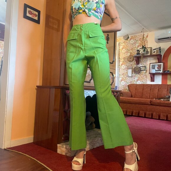DEADSTOCK 1970s vintage green pleated fake pocket double button flare pants! - Picture 5 of 15